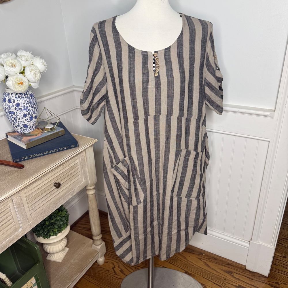 Minibee Striped Linen Blend Tunic Dress Short Sleeve Wood Button Pockets Gray M